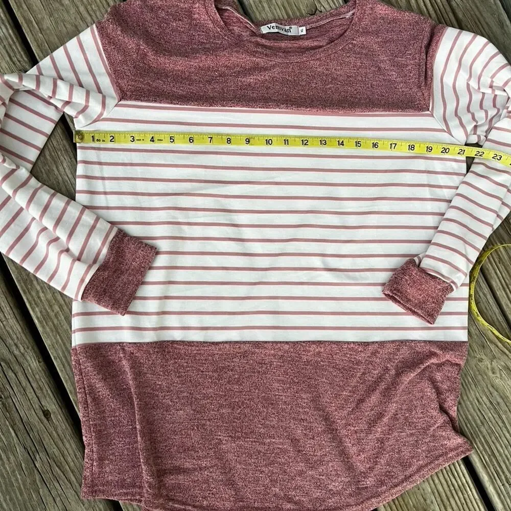 Vemvan Sweater Solid Color Block and Stripes Pink Crewneck.  Women's XL